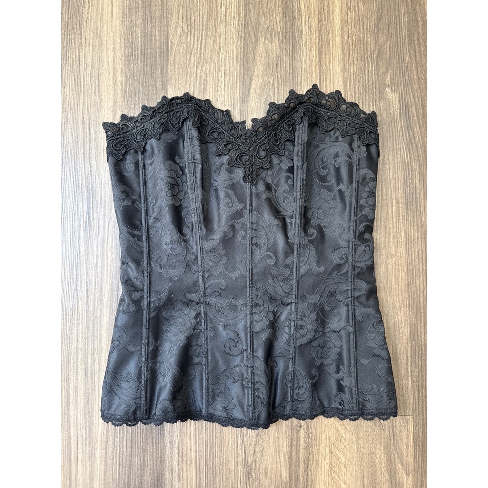 Fredericks of Hollywood Corset Top Womens 34 Black Lace Damask Floral Jacquard